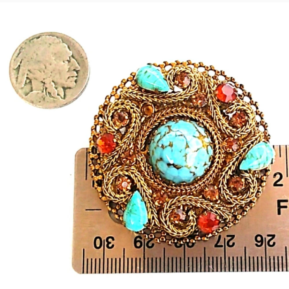 AUSTRIA Turquoise Topaz Tangerine Crystal Brooch - Picture 7 of 8